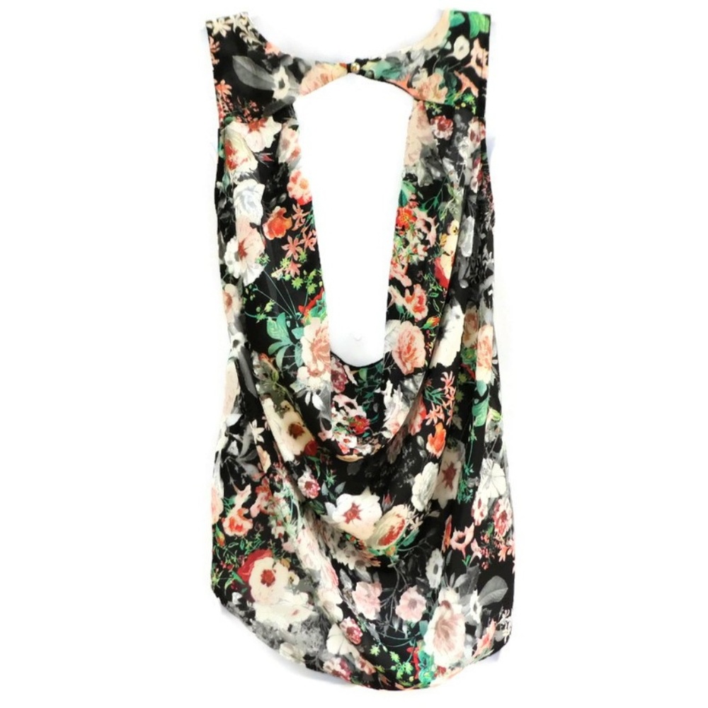 Leith Floral Tank Top Backless Drape Back Curved Hem XS